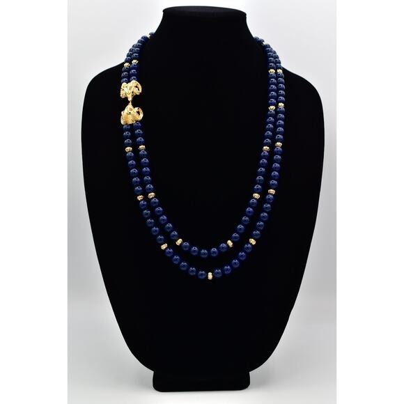 KJL Avon Vintage Beaded Necklace Ram Gold Navy Blue Beaded Chunky Signed Bin6B - Picture 3 of 12